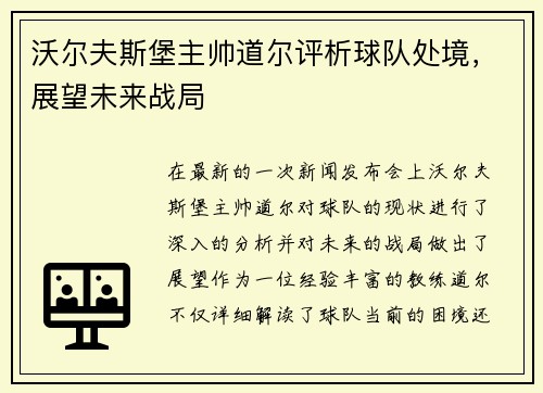 沃尔夫斯堡主帅道尔评析球队处境，展望未来战局