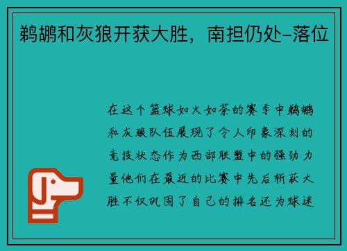 鹈鹕和灰狼开获大胜，南担仍处-落位