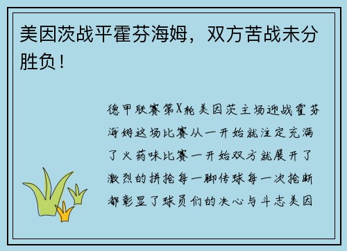 美因茨战平霍芬海姆，双方苦战未分胜负！