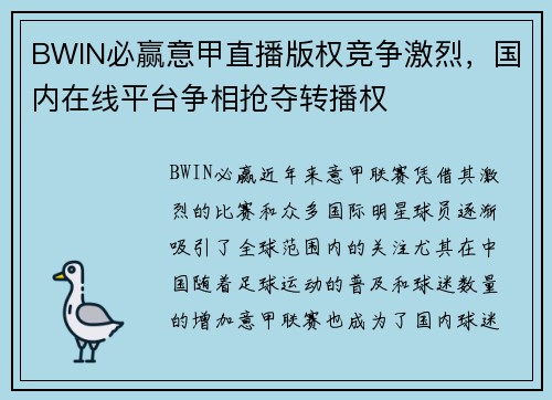 BWIN必赢意甲直播版权竞争激烈，国内在线平台争相抢夺转播权