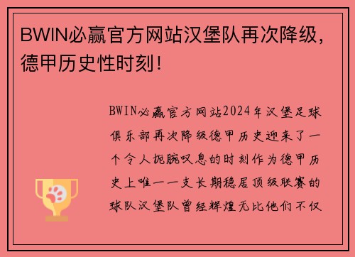 BWIN必赢官方网站汉堡队再次降级，德甲历史性时刻！