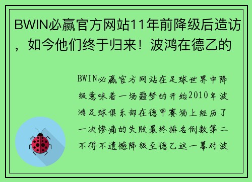 BWIN必赢官方网站11年前降级后造访，如今他们终于归来！波鸿在德乙的11年蜕变之旅