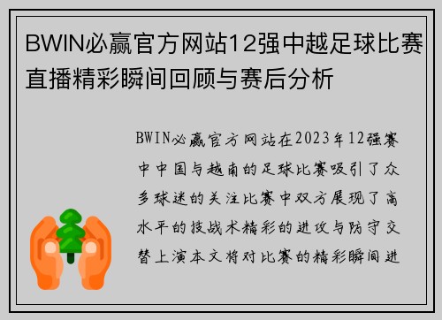 BWIN必赢官方网站12强中越足球比赛直播精彩瞬间回顾与赛后分析